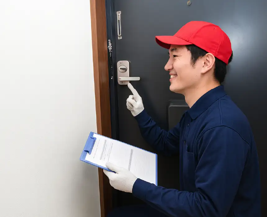 錠前の点検を行う技術者